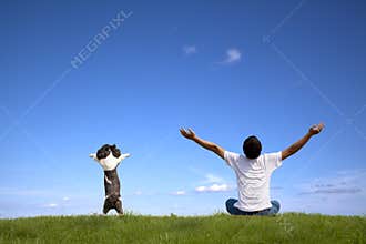 Young man with dog relaxed