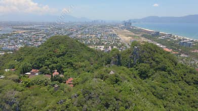 Aerial shot. Revealing shot of the city of Da Nand from the Marble Mountains, famous tourist destination in the city