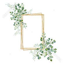 Watercolor green floral frame with eucalyptus leaves and branches on golden frame. Bridal shower card, baby nursery decor