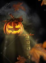 Halloween Jack-O-Lantern on Old Barrel