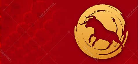 Illustration banner. Golden bull on a red background, free space for text. Chinese new year 2021 year of the ox