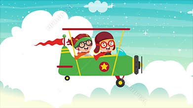 Animation Of Happy Kids Flying On An Airplane