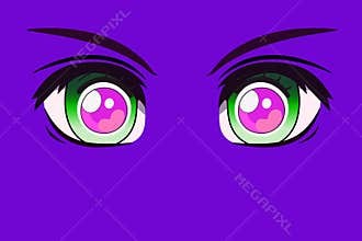 Anime eyes on purple background . Cartoon concept style.