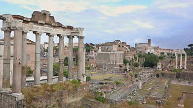 Temple of Saturn at the Roman Forum in Rome. The ruins of ancient Rome. The ruins of the Roman Forum