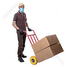Delivery man with mask for covid-19. handtruck with packages