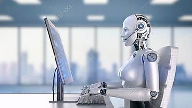 Cyborg working with computer