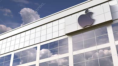 Apple Inc logo on top of a modern building. Editorial conceptual 3d animation