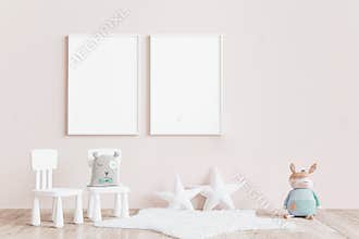 Modern minimalist, kid`s room, empty frame mock up interior in pastel colors