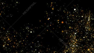 Flight of a bright star with sparkling light and rounded Golden microparticles on a black background 4k