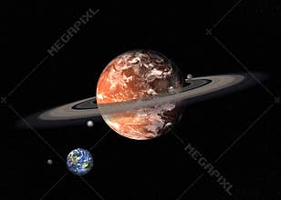 Planets of solar system together in space. Earth and Mars with ring