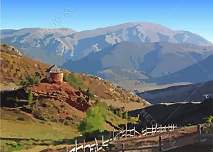 The vector illustration of mountains and fields
