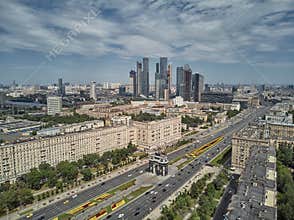 Moscow International Business Center and triumphal arch near poklonnaya hill in Moscow. Panorama. Aerial view