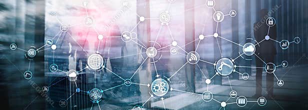 Technology industrial business process workflow organisation structure on virtual screen. IOT smart industry concept