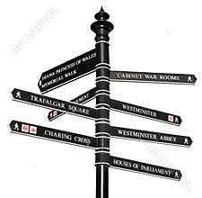 Sign with directions to London's landmarks