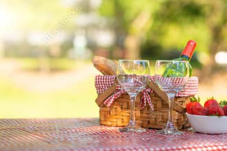 Picnic. bottle of wine with glasses. strawberry.romance.banner