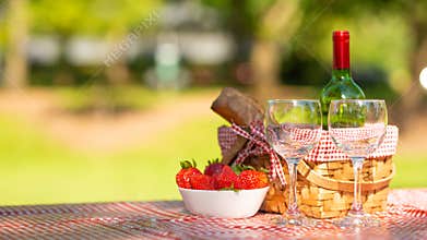 Picnic. bottle of wine with glasses. strawberry.romance.banner