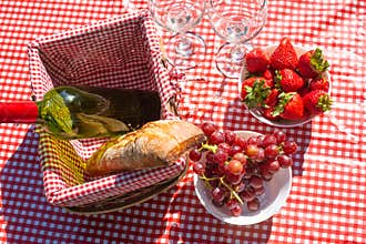Picnic. bottle of wine with glasses. strawberry.romance. rest and sunny mood