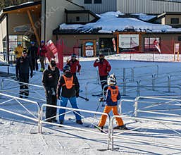 KIMBERLEY, CANADA - MARCH 22, 2019: blind skier going to ski Vancouver Adaptive Snow Sports
