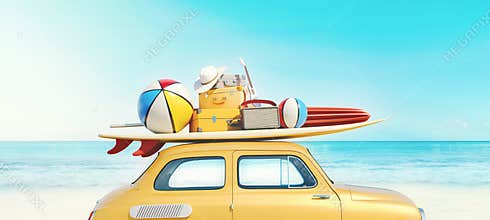 Small retro car with baggage, luggage and beach equipment on the roof, fully packed, ready for summer vacation