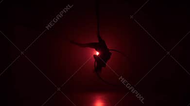 Silhouette Aerial acrobat in the ring. A young girl performs the acrobatic elements in the air ring on red background