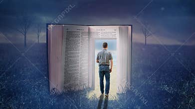 Man walking through open bible