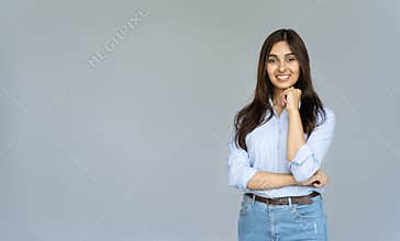 Smiling confident indian businesswoman look at camera isolated on background