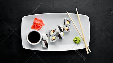 Sushi roll with fish. free space for your text.