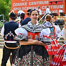 Brno - Bystrc, Czech Republic, June 22, 2019. Traditional Czech feast. Folk Festival. Girls and boys dancing in beautiful costumes