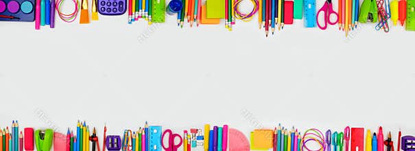 School supplies double border banner, top view on a white background with copy space. Back to school.
