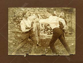 Original 1920 antique photo-men fighting