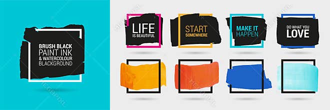 Grunge backgrounds set. Brush black paint ink stroke over square frame.