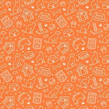 Pet shop vector seamless pattern with flat line icons of dog house, cat food, food bowl, puppy toys, animal paw. Orange