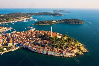 Beautiful Rovinj at sunset. Aerial photo. The old town of Rovinj, Istria, Croatia