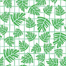 Hand drawn tropical monstera leaves seamless pattern on stripes background.