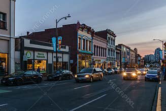 VICTORIA, CANADA - JULY 13, 2019: street view in the city center of Victoria historical and travel destination