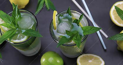 Top view of fresh lemonade with mint in glasses