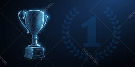 Trophy cup. Abstract vector 3d trophy with laurel wreath isolated background. Champions award, sport victory, winner