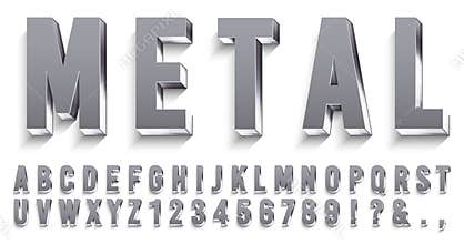 Realistic metal font. Shiny metallic letters with shadows, chrome text and metals alphabet 3D vector set