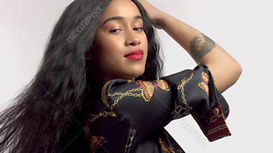 Beauty mixed race african american model in studio portraits with long hair wig