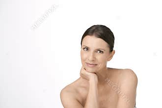 Beautiful attractive older mature woman smiling with beautiful skin isolated on white background