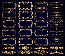 Vector set of gold decorative borders, frames, dividers, on a dark background