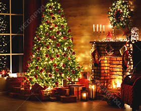 Interior christmas. magic glowing tree, fireplace, gifts in  dark