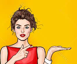 Amazed Pop Art Woman  showing product .Advertising design of beautiful   girl presenting something