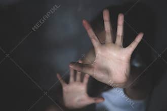 Woman raised her hand for dissuade, Stop Sexual abuse Concept, stop violence against Women, international women`s day