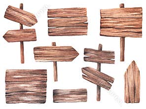 Watercolor wood sign, arrow, banner isolated on white background