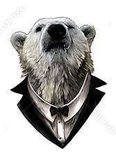 Proud bear head looking confidently forward in jacket, shirt and bow tie