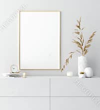 Mock up golden frame in white interior with simple modern decor, Scandinavian style