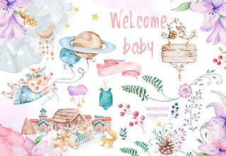 Dream big little one. Cute watercolor pig with cradle clouds and stars. Baby, kids poster, wall art, card, baby shower invitaton
