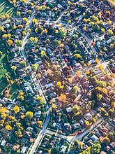 Fall in the City. Aerial View of fall colors in a city housing development in a Toronto Canada suburb