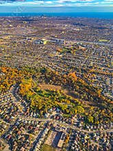 Fall in the City Toronto Canada suburb. Aerial View of a colorful autumn foliage in housing developments in the city